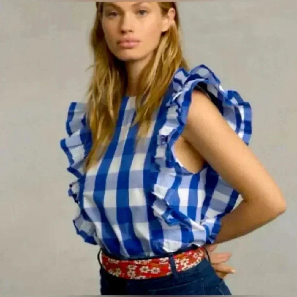 Blue Gingham Ruffle Sleeve Blouse - Women